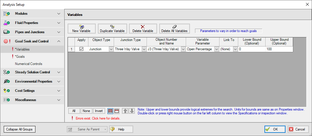 The Variables tab of the Goal Seek and Control Manager with a variable specified.